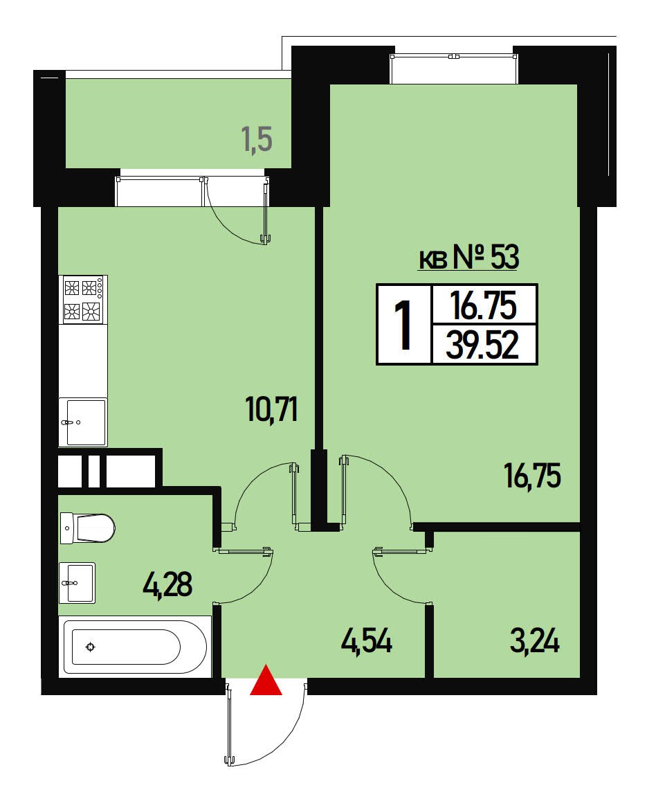 Однокомнатная квартира 39 м² №53 улица Генерала Донскова, дом 27, корпус 3  купить по цене 5883737 от застройщика в ЖК Борисоглебское деревня Зверево